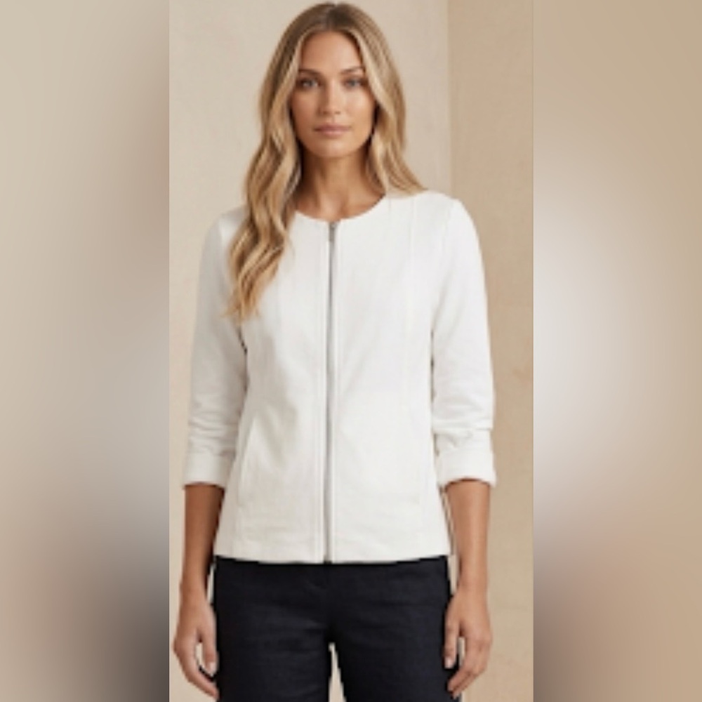 Eileen Fisher Collarless Ivory Ramie Blend Zip-Front Jacket Blazer Size XS